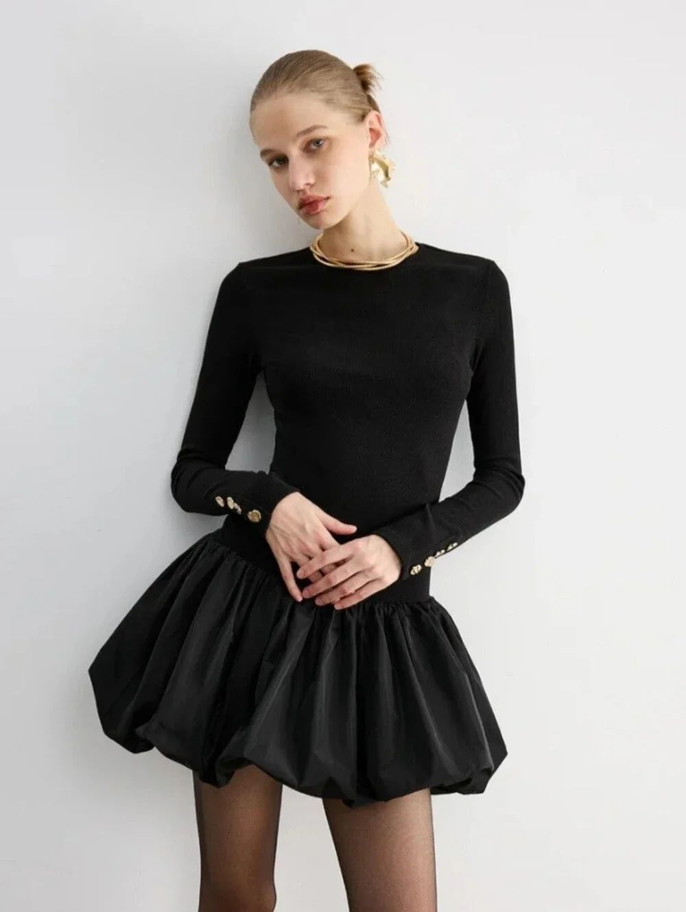 NWT Commense Bubble Hem Long-Sleeve Knit Mini Dress Black Size XS